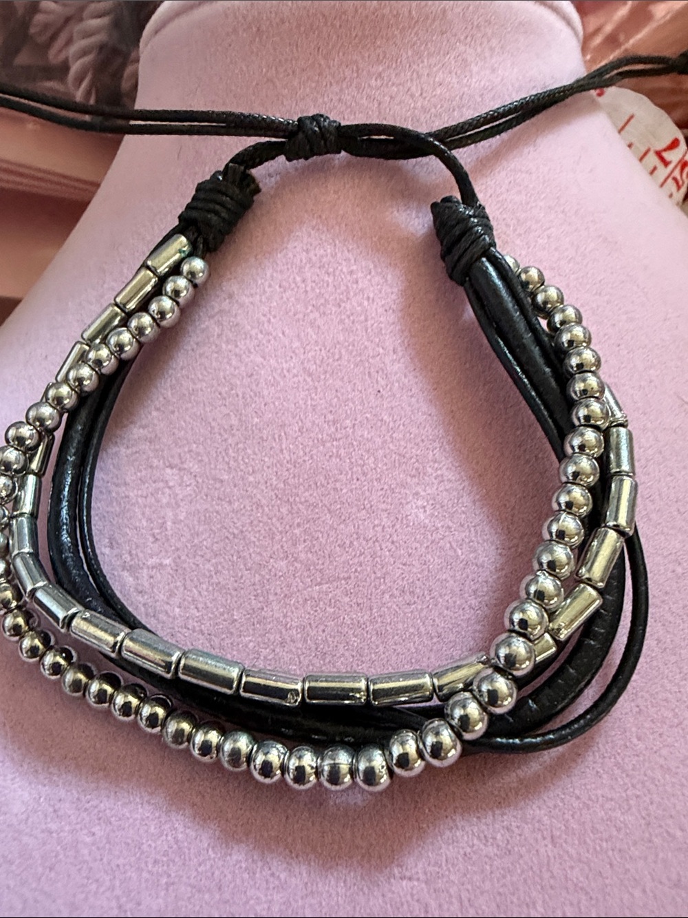 Black Multi-Strand Leather Bracelet with SilverTone Beads, Adjustable, (J0134)